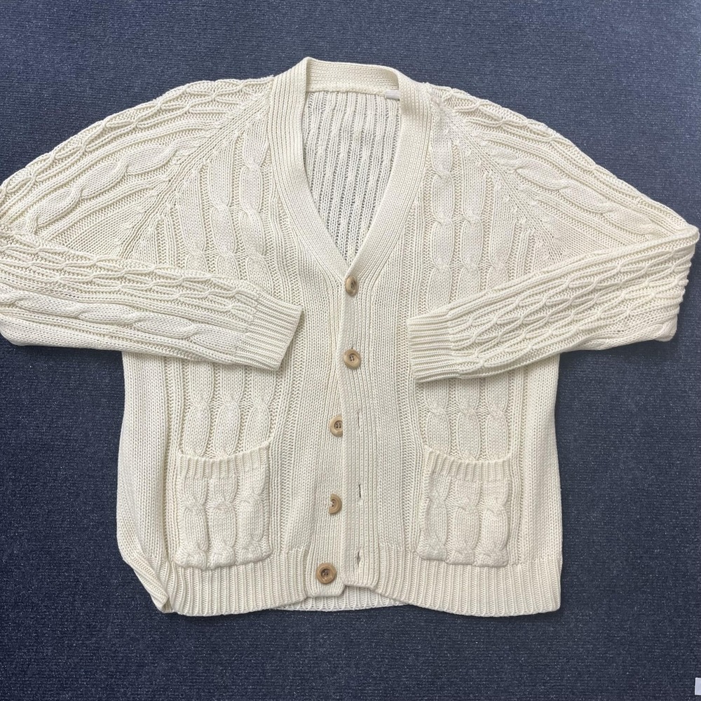 Vintage Cable Knit Cardigan Sweater Womens Medium Cream Button Front Pockets